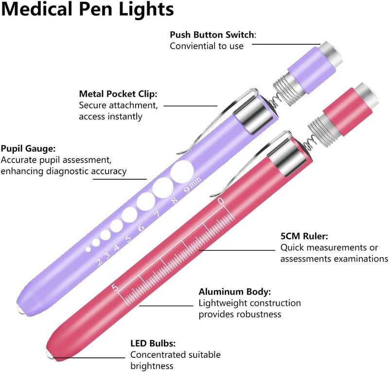 Opoway Nursing Penlight with Pupil Gauge 2 Pack LED Medical Pen Lights for Nurses Doctors EMTs Pen Light Medical LED Penlights for Nurse Pink and Purple with 4 Batteries White Light - Image 2